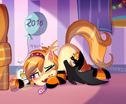 Size: 1280x1059 | Tagged: safe, artist:spookyle, oc, oc only, oc:pumpkin patch, bat pony, pony, alcohol, balloon, bottle, clothes, drunk, face down ass up, food, socks, solo