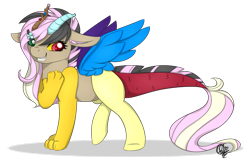 Size: 800x518 | Tagged: safe, artist:pillonchou, oc, oc only, oc:dilemmia, hybrid, interspecies offspring, offspring, parent:discord, parent:fluttershy, parents:discoshy, solo