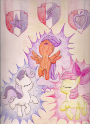 Size: 838x1157 | Tagged: safe, artist:northlights8, apple bloom, scootaloo, sweetie belle, crusaders of the lost mark, cutie mark, cutie mark crusaders, open mouth, the cmc's cutie marks, traditional art