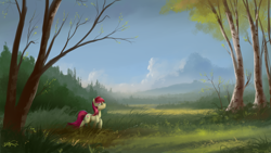 Size: 1920x1080 | Tagged: dead source, safe, artist:shamanguli, roseluck, birch, field, forest, looking up, raised hoof, scenery, solo