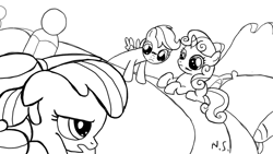 Size: 1280x720 | Tagged: safe, artist:neversure, apple bloom, scootaloo, sweetie belle, blushing, cutie mark crusaders, female, lesbian, monochrome, scootabelle, shipping, sketch