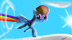 Size: 1024x576 | Tagged: safe, artist:dreamwarriorfish, rainbow dash, pegasus, pony, flying, sky, smiling, solo