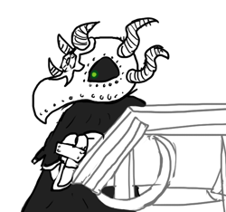 Size: 640x600 | Tagged: safe, artist:ficficponyfic, oc, oc:lord sepulcher, lich, undead, artist, cloak, clothes, colt quest, desk, gem, green eyes, horns, mask, metal, monster, necromancer, plot twist, robe, story included