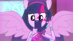 Size: 1280x720 | Tagged: safe, screencap, twilight sparkle, twilight sparkle (alicorn), alicorn, equestria girls, perfect day for fun, rainbow rocks, cellphone, phone, ponied up, solo