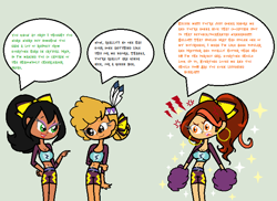 Size: 714x520 | Tagged: safe, artist:obeliskgirljohanny, little strongheart, oc, oc:bella vita, oc:scarla, angry, cheerleader, cheerleader outfit, crystal prep academy, earring, fangs, lipstick, mary sue, native american, open mouth, piercing, rant, ribbon