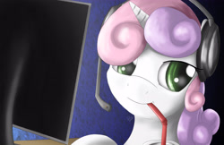 Size: 5100x3300 | Tagged: safe, artist:spiritofthwwolf, sweetie belle, drink, gamer, headset, monitor, solo