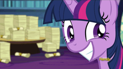 Size: 499x281 | Tagged: safe, screencap, twilight sparkle, twilight sparkle (alicorn), alicorn, pony, the crystalling, book, discovery family logo, female, mare, smiling, that pony sure does love books, twilight's scrollwork