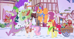 Size: 1024x540 | Tagged: safe, artist:metalmane, artist:stinkehund, apple bloom, scootaloo, spike, sweetie belle, dragon, clothes, cutie mark, cutie mark crusaders, female, hat, male, older, older spike, present, scarf, shipping, shopping, snow, snowfall, spikebelle, straight, teenage spike, the cmc's cutie marks, wagon