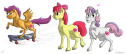 Size: 1500x650 | Tagged: safe, artist:shimazun, apple bloom, scootaloo, sweetie belle, cutie mark, cutie mark crusaders, skateboard, the cmc's cutie marks