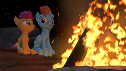 Size: 1920x1080 | Tagged: safe, artist:clashwolf3, rainbow dash, scootaloo, pegasus, pony, 3d, campfire, night, source filmmaker