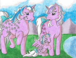 Size: 766x585 | Tagged: safe, artist:rurounigemini83, milky way (g1), twilight, g1, anatomically incorrect, baby milky way, female, headcanon, hug, incorrect leg anatomy, siblings, sisters, surprised, traditional art, twice as fancy ponies