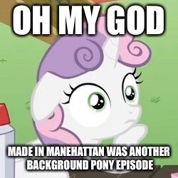 Size: 250x250 | Tagged: safe, sweetie belle, pony, unicorn, made in manehattan, background pony, background pony strikes again, exploitable meme, female, filly, horn, image macro, meme, op is a cuck, op is trying to start shit, solo, sudden clarity sweetie belle, text, two toned mane, white coat, wide eyes