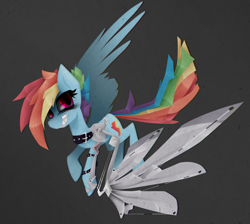 Size: 1280x1148 | Tagged: safe, artist:zmei-kira, rainbow dash, pegasus, pony, alternate timeline, amputee, apocalypse dash, artificial wings, augmented, collar, crystal war timeline, dark background, female, grin, mare, prosthetic limb, prosthetic wing, prosthetics, smiling, solo, spiked collar, wings