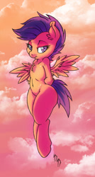 Size: 536x1000 | Tagged: safe, artist:dfectivedvice, artist:firebird145, scootaloo, belly button, chest fluff, cloud, flying, looking at you, scootaloo can fly, solo, sunset