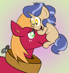 Size: 500x529 | Tagged: safe, artist:susiebeeca, big macintosh, oc, oc:hesperides loophole apple, earth pony, pony, fanfic art, freckles, glomp, male, offspring, parent:applejack, parent:flim, parents:flimjack, stallion, uncle and niece