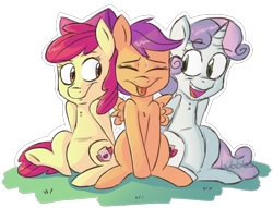 Size: 974x743 | Tagged: safe, artist:cosmic-pincel, apple bloom, scootaloo, sweetie belle, cutie mark, cutie mark crusaders, sitting, the cmc's cutie marks