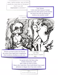 Size: 1379x1833 | Tagged: safe, artist:blackmageanolis, nightmare moon, oc, oc:johnny (64), human, bronybait, comic, dialogue, dream, gaming, johnny responds to bronybait, night, response, text, traditional art, video game