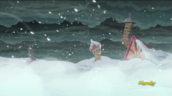 Size: 849x477 | Tagged: safe, screencap, a hearth's warming tail, building, cloud, cold nightmare timeline, discovery family logo, scenery, snow, snowfall