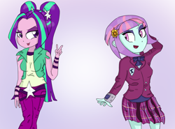 Size: 1414x1049 | Tagged: safe, artist:mildockart, aria blaze, sunny flare, equestria girls, friendship games, rainbow rocks, clothes, duo, gradient background, open mouth, pants, peace sign, pigtails, pleated skirt, school uniform, skirt, twintails