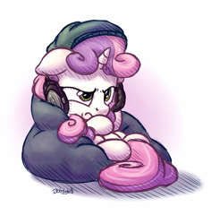 Size: 1100x1166 | Tagged: safe, artist:bobdude0, sweetie belle, pony, unicorn, cute, diasweetes, female, filly, grumpy, grumpy belle, headphones, pouting, solo, sweetie belle is not amused