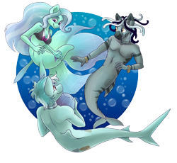 Size: 5128x4728 | Tagged: safe, artist:pixel-prism, oc, oc only, oc:crystal cameo, oc:makuru, oc:merryweather, anthro, mermaid, merpony, zebra, absurd resolution, beach ball, fins, mershark, sharkmaid