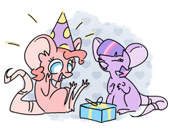 Size: 1000x771 | Tagged: safe, artist:adequality, artist:nobody, derpibooru import, pinkie pie, twilight sparkle, mouse, cute, happy, hat, mousified, open mouth, party hat, present, simple background, smiling, species swap, surprised, transparent background, twiabetes