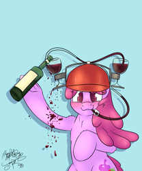 Size: 2917x3500 | Tagged: safe, artist:jorobro, berry punch, berryshine, alcohol, drinking hat, food, hat, majestic as fuck, simple background, solo, wine, wine bottle, wine glass