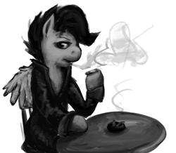Size: 896x782 | Tagged: safe, artist:ninthsphere, scootaloo, ashtray, cigarette, clothes, grayscale, monochrome, sitting, smoking, solo, table