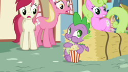 Size: 1366x768 | Tagged: safe, screencap, daisy, flower wishes, lily, lily valley, roseluck, spike, dragon, the cutie pox, dis gon b gud, flower trio, food, popcorn