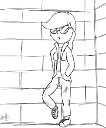 Size: 1000x1200 | Tagged: safe, artist:spritepony, oc, oc only, oc:sprite, human, humanized, leaning on wall, monochrome, my little art challenge, sketch, solo