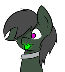 Size: 355x392 | Tagged: safe, artist:askhypnoswirl, oc, oc only, oc:maraco arco, bat pony, pony, collar, glow, glowing tongue, smiling, tongue out