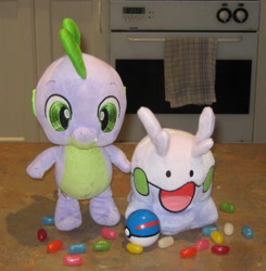 Size: 1760x1797 | Tagged: safe, artist:cheerbearsfan, spike, goomy, great ball, irl, jelly beans, photo, plushie, pokéball, pokémon