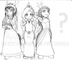 Size: 500x420 | Tagged: safe, artist:dj-black-n-white, oc, oc only, oc:dawn, oc:mistake, oc:salai, satyr, armpits, female, monochrome, offspring, parent:king sombra, parent:princess celestia, parent:queen chrysalis, parent:queen umbra, regalia, wip