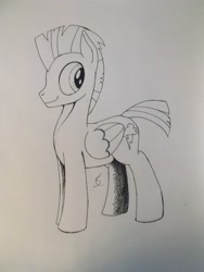 Size: 3216x4288 | Tagged: safe, artist:scribblepwn3, thunderlane, pegasus, pony, cute, lineart, looking back, male, monochrome, pen drawing, smiling, solo, stallion, traditional art