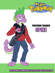 Size: 1024x1365 | Tagged: safe, artist:greenlinzerd, spike, anthro, anthro dragon, clothes, crossover, hoodie, looking at you, my little ponymon, older, older spike, pokéball, pokémon, pokémon trainer, solo, teenage spike