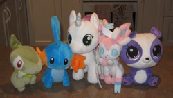 Size: 2566x1471 | Tagged: safe, artist:cheerbearsfan, axew, irl, littlest pet shop, mudkip, penny ling, photo, plushie, pokémon, sylveon