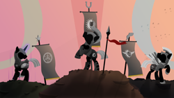 Size: 2560x1440 | Tagged: safe, artist:regolithx, earth pony, pegasus, pony, unicorn, armor, banner, royal guard, silhouette