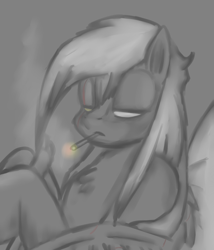 Size: 1944x2273 | Tagged: safe, artist:yinreneemoonveilyang, scootaloo, bed, cigarette, lying, on back, smoking, solo