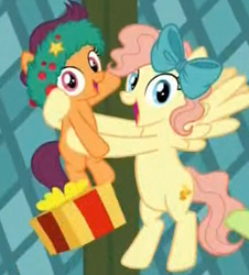 Size: 293x324 | Tagged: safe, screencap, pony, a hearth's warming tail, background pony, cropped, flying, jolly fir, merry cotton, present