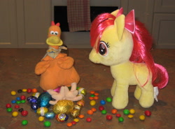 Size: 2488x1844 | Tagged: safe, artist:cheerbearsfan, apple bloom, chicken run, chocolate, chocolate egg, food, ginger, irl, m&m's, photo, plushie