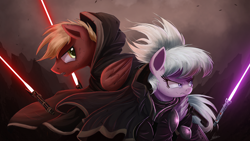 Size: 4000x2250 | Tagged: safe, artist:ncmares, cloudchaser, oc, oc:neostrike, pegasus, pony, cloak, clothes, commission, crossover, duo, jedi, lightsaber, neochaser, sith, star wars, weapon