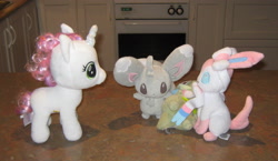 Size: 2483x1444 | Tagged: safe, artist:cheerbearsfan, sweetie belle, axew, irl, minccino, photo, plushie, pokémon, sylveon