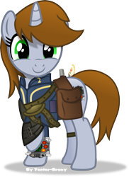 Size: 3122x4290 | Tagged: safe, artist:vector-brony, oc, oc only, oc:littlepip, pony, unicorn, fallout equestria, clothes, cute, fanfic, fanfic art, female, gun, handgun, hooves, horn, little macintosh, mare, optical sight, pipabetes, pipboy, pipbuck, raised hoof, revolver, saddle bag, simple background, smiling, solo, transparent background, vault suit, vector, weapon