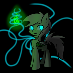 Size: 500x500 | Tagged: safe, artist:askhypnoswirl, oc, oc only, oc:maraco arco, bat pony, pony, body swap, collar, glow, glowing eyes, magic, soul