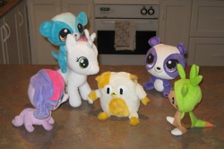 Size: 2628x1744 | Tagged: safe, artist:cheerbearsfan, sweetie belle, adventure time, cake the cat, chespin, irl, littlest pet shop, penny ling, photo, plushie, pokémon, sunil nevla, zoe trent