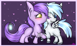 Size: 3036x1833 | Tagged: safe, artist:ashee, oc, oc only, oc:nightshade nectar, oc:snow blitz, colt, cute, female, filly, kiss on the cheek, kissing, male, straight