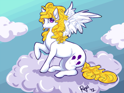 Size: 1041x780 | Tagged: safe, artist:rajal, surprise, g1, cloud, g1 to g4, generation leap, looking at you, messy mane, sitting, solo, spread wings