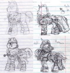 Size: 1140x1195 | Tagged: safe, artist:wisdom-thumbs, oc, oc only, pony, unicorn, armor, kilt, lined paper, male, monochrome, pencil drawing, sketch, solo, stallion, sword, swordpony, traditional art, weapon