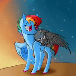 Size: 1280x1280 | Tagged: safe, artist:jellybeanbullet, rainbow dash, cyborg, pegasus, pony, alternate timeline, apocalypse dash, augmented, crystal war timeline, prosthetic limb, prosthetic wing, solo