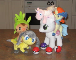 Size: 2110x1662 | Tagged: safe, artist:cheerbearsfan, sweetie belle, chespin, helioptile, irl, keldeo, master ball, moshi monsters, photo, plushie, pokéball, pokémon